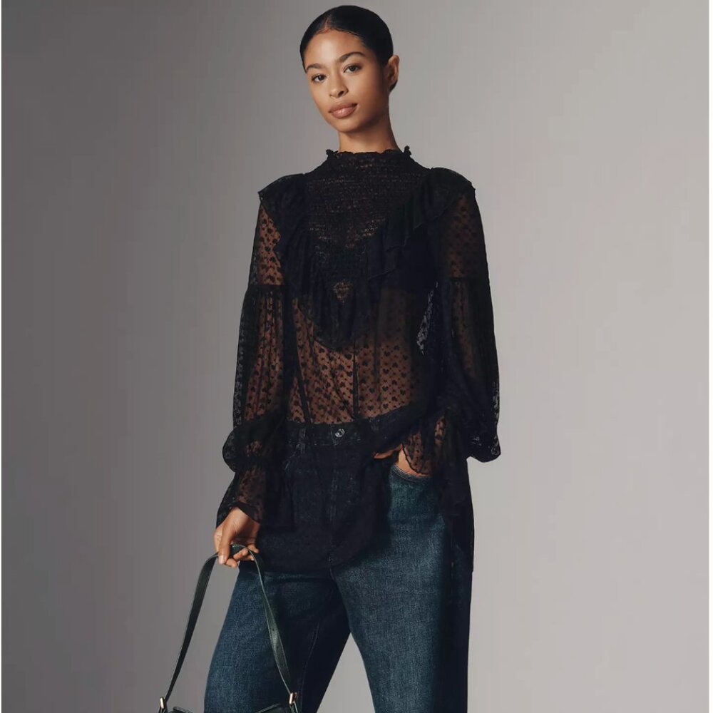 Maeve Black Sheer Ruffle Lace Tunic Top
